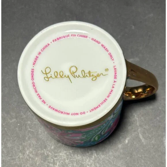 Lilly Pulitzer Happy Hour Ceramic Mug Tone Gold Tone Handle Colorful Floral - Picture 3 of 8